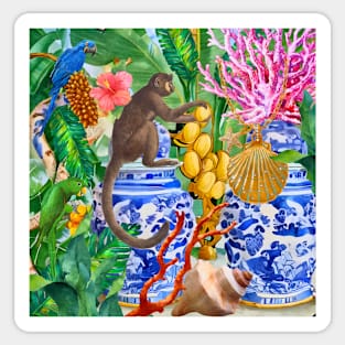 Monkey, parrots and chinoiserie jars in tropical forest Sticker